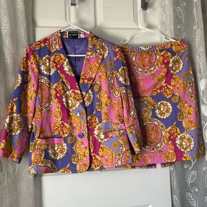 Linea by Louis Dell Olio Baroque boho Print Women Blazer Skirt suit Set Sz M vtg